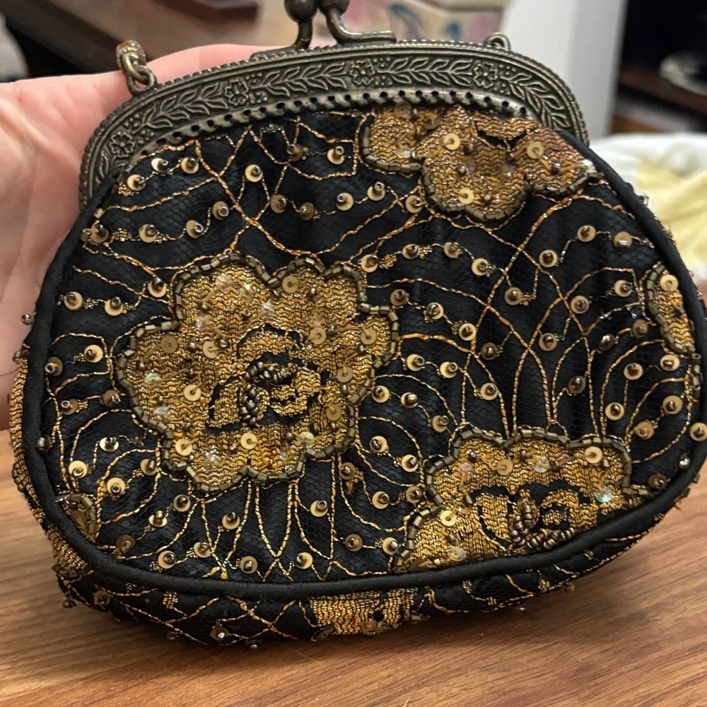 Vintage Christiana Black and Gold Floral Embroidered Clutch- beaded